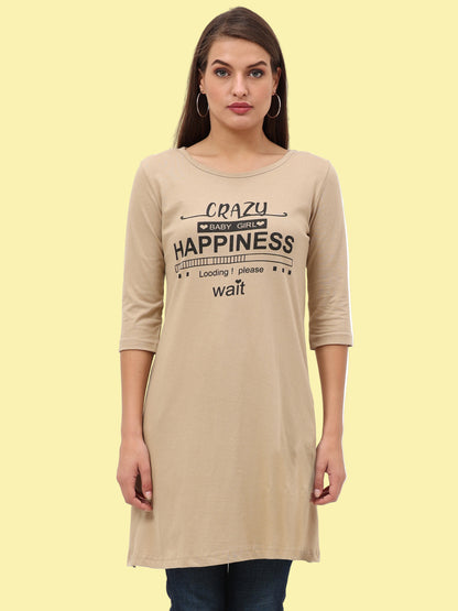 Women's Cotton Printed 3/4 Sleeve Biscuit Color Long Top