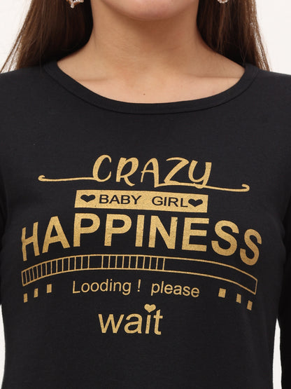 Women's Cotton Printed 3/4 Sleeve Black Color Long Top