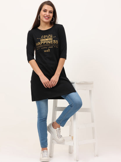 Women's Cotton Printed 3/4 Sleeve Black Color Long Top