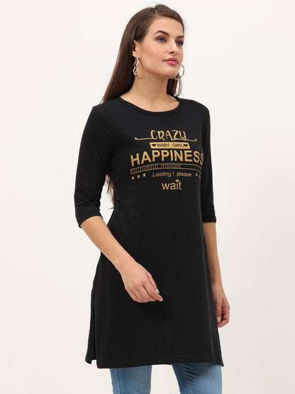 Women's Cotton Printed 3/4 Sleeve Black Color Long Top