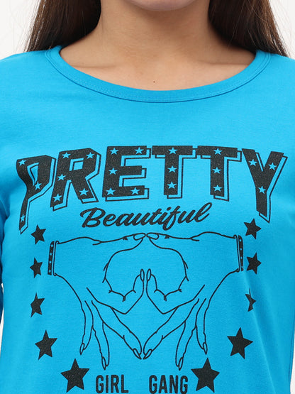 Women's Cotton Printed 3/4 Sleeve Blue Color Long Top