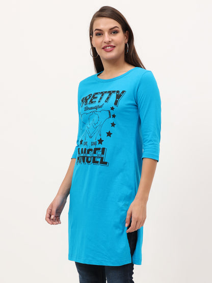 Women's Cotton Printed 3/4 Sleeve Blue Color Long Top