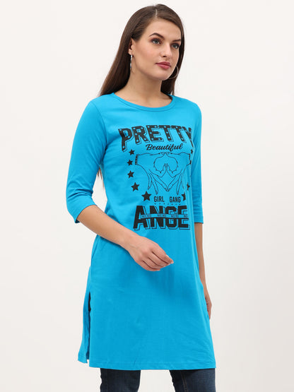 Women's Cotton Printed 3/4 Sleeve Blue Color Long Top