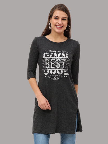 Women's Cotton Printed 3/4 Sleeve Charcoal Melange Color Long Top