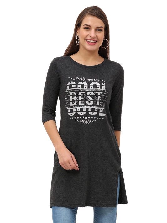 Women's Cotton Printed 3/4 Sleeve Charcoal Melange Color Long Top