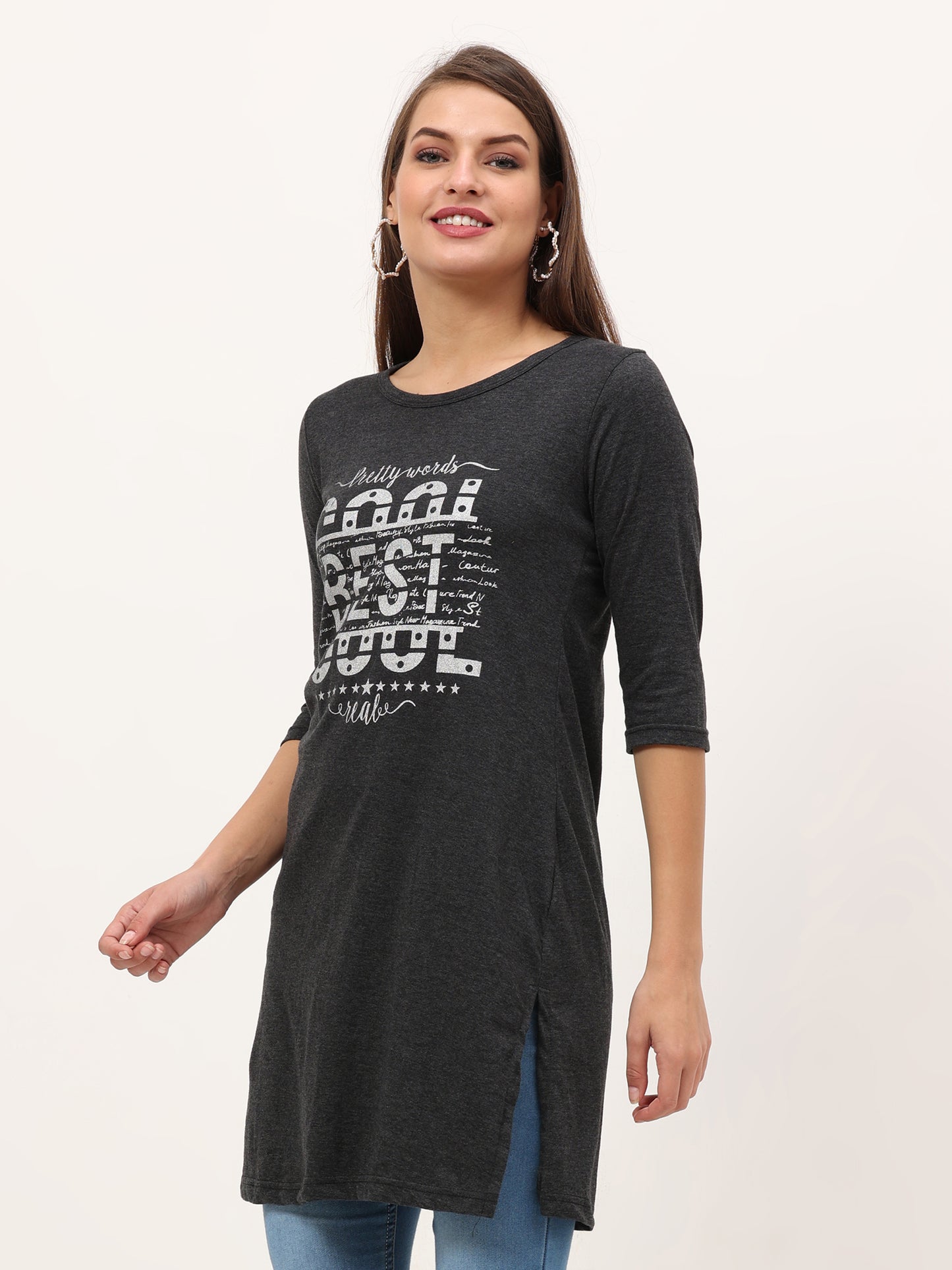 Women's Cotton Printed 3/4 Sleeve Charcoal Melange Color Long Top