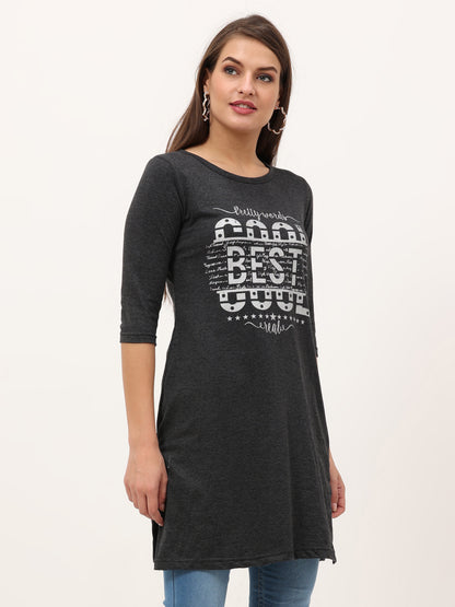 Women's Cotton Printed 3/4 Sleeve Charcoal Melange Color Long Top