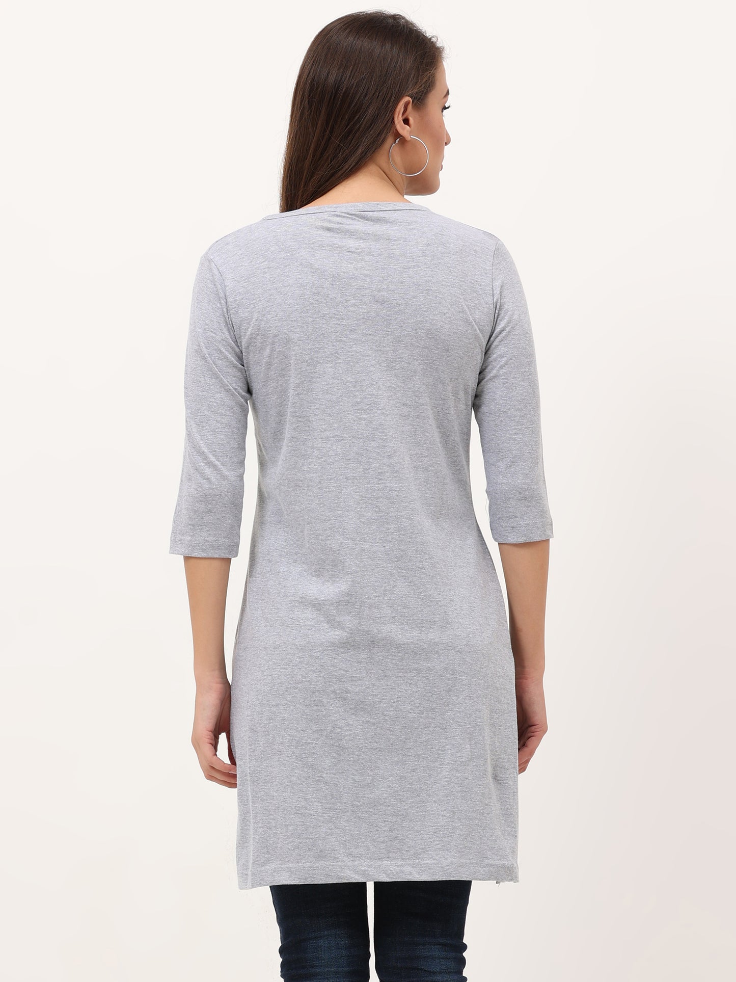 Women's Cotton Printed 3/4 Sleeve Grey Melange Color Long Top