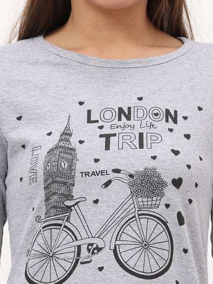 Women's Cotton Printed 3/4 Sleeve Grey Melange Color Long Top