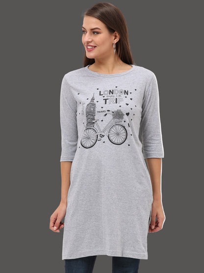 Women's Cotton Printed 3/4 Sleeve Grey Melange Color Long Top