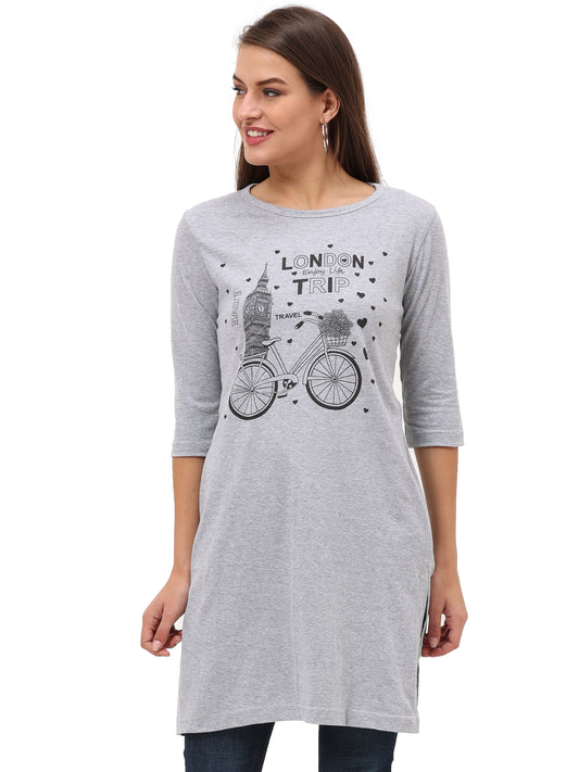 Women's Cotton Printed 3/4 Sleeve Grey Melange Color Long Top