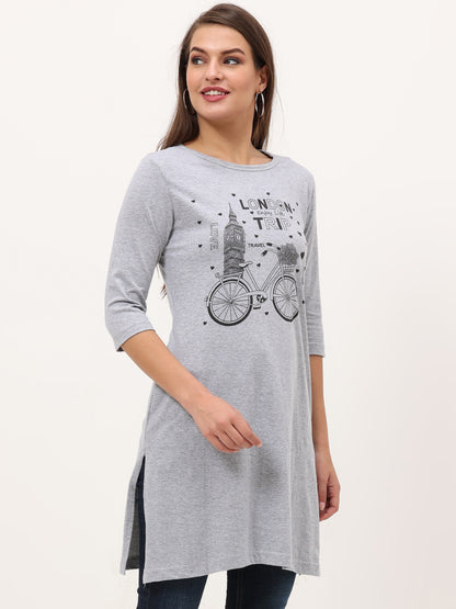 Women's Cotton Printed 3/4 Sleeve Grey Melange Color Long Top