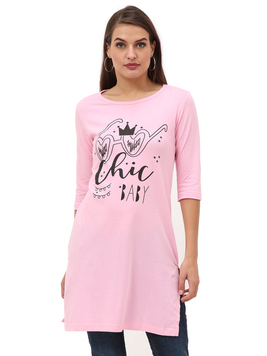 Women's Cotton Printed 3/4 Sleeve Light Pink Color Long Top