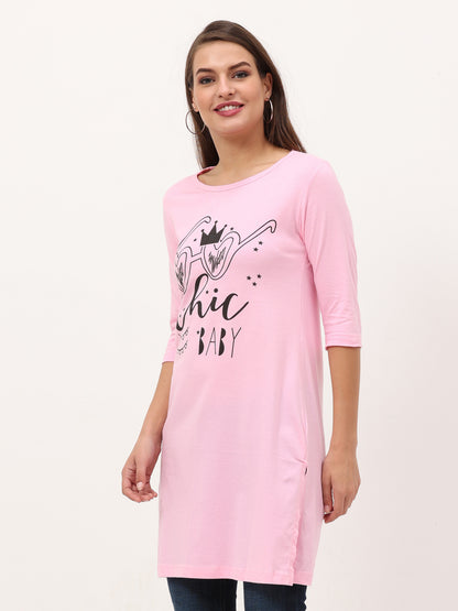 Women's Cotton Printed 3/4 Sleeve Light Pink Color Long Top