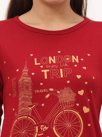 Women's Cotton Printed 3/4 Sleeve Maroon Color Long Top