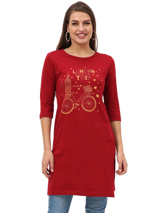 Women's Cotton Printed 3/4 Sleeve Maroon Color Long Top