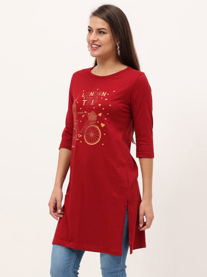 Women's Cotton Printed 3/4 Sleeve Maroon Color Long Top