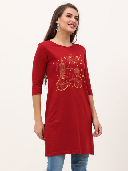 Women's Cotton Printed 3/4 Sleeve Maroon Color Long Top