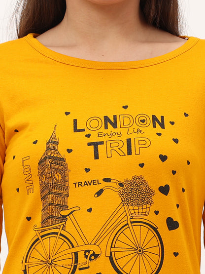 Women's Cotton Printed 3/4 Sleeve Mustard Yellow Color Long Top