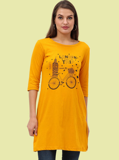Women's Cotton Printed 3/4 Sleeve Mustard Yellow Color Long Top
