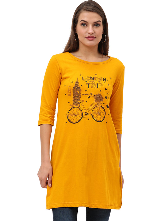 Women's Cotton Printed 3/4 Sleeve Mustard Yellow Color Long Top