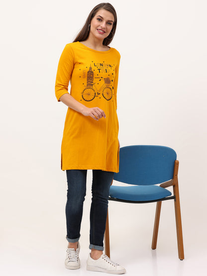 Women's Cotton Printed 3/4 Sleeve Mustard Yellow Color Long Top