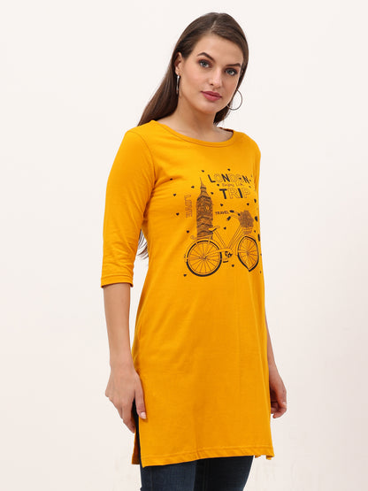 Women's Cotton Printed 3/4 Sleeve Mustard Yellow Color Long Top