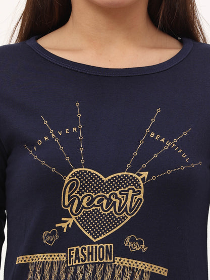 Women's Cotton Printed 3/4 Sleeve Navy Blue Color Long Top