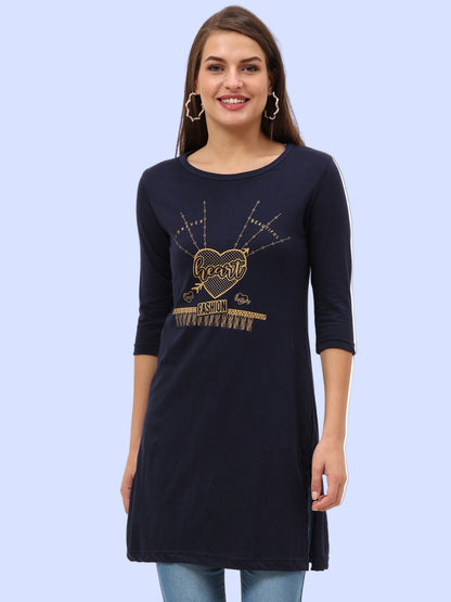 Women's Cotton Printed 3/4 Sleeve Navy Blue Color Long Top