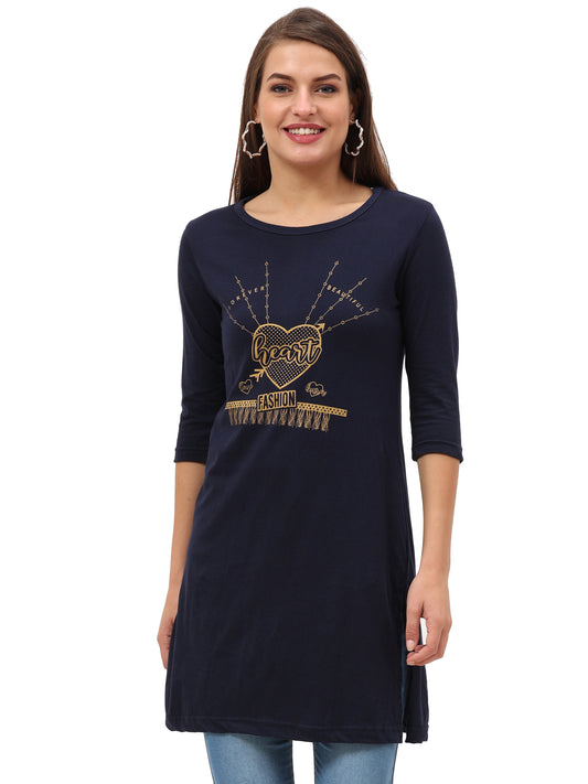 Women's Cotton Printed 3/4 Sleeve Navy Blue Color Long Top