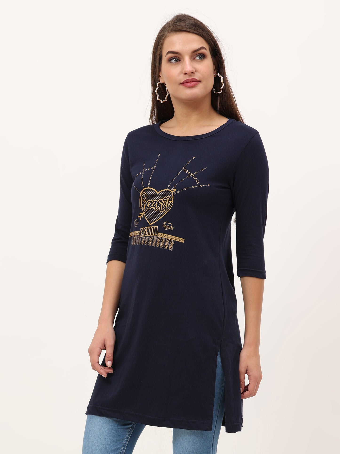 Women's Cotton Printed 3/4 Sleeve Navy Blue Color Long Top