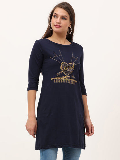 Women's Cotton Printed 3/4 Sleeve Navy Blue Color Long Top