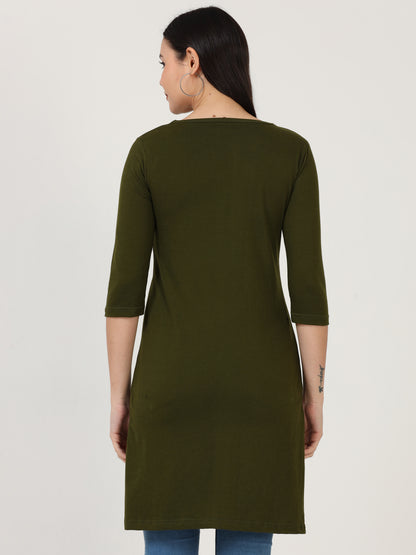 Women's Cotton Printed 3/4 Sleeve Olive Green Color Long Top