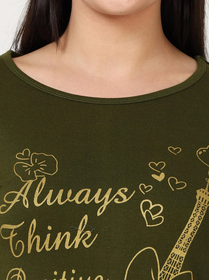 Women's Cotton Printed 3/4 Sleeve Olive Green Color Long Top