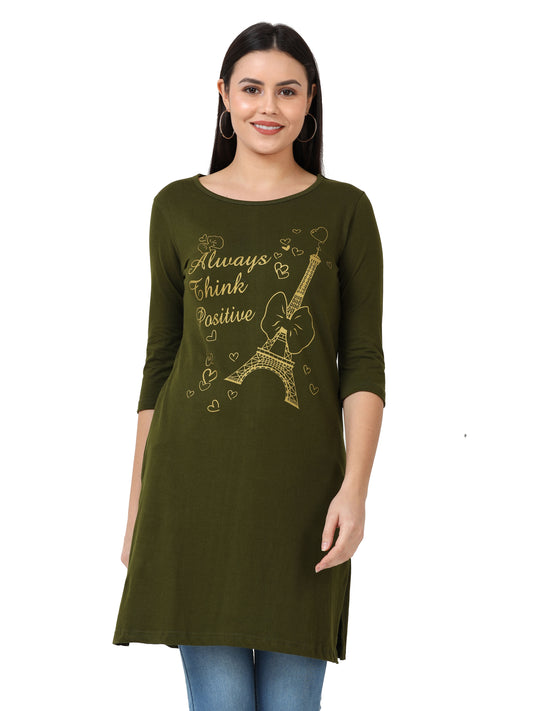 Women's Cotton Printed 3/4 Sleeve Olive Green Color Long Top