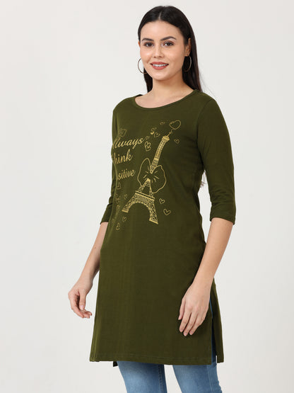 Women's Cotton Printed 3/4 Sleeve Olive Green Color Long Top