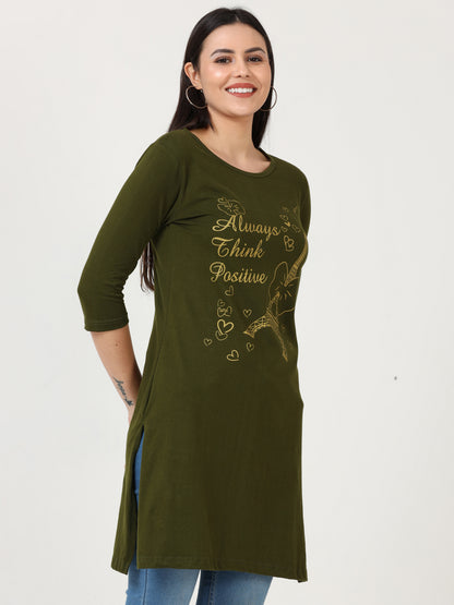 Women's Cotton Printed 3/4 Sleeve Olive Green Color Long Top