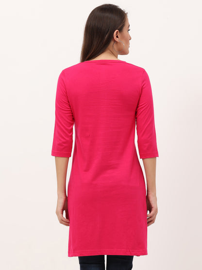 Women's Cotton Printed 3/4 Sleeve Pink Color Long Top