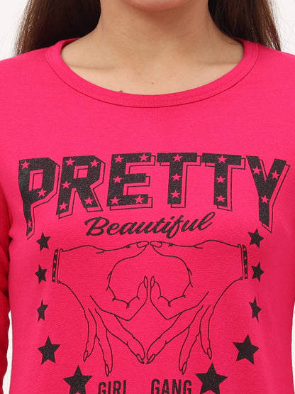 Women's Cotton Printed 3/4 Sleeve Pink Color Long Top
