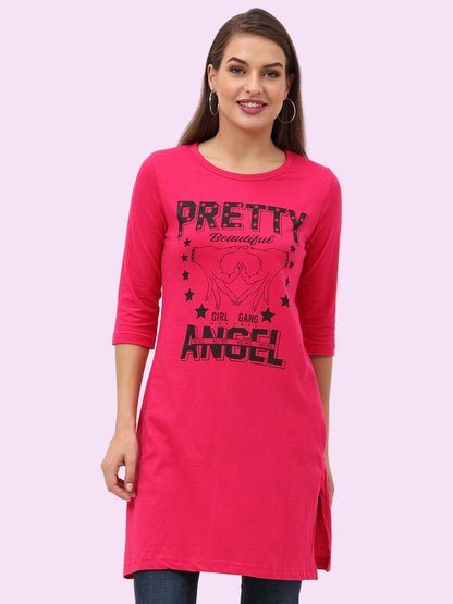 Women's Cotton Printed 3/4 Sleeve Pink Color Long Top