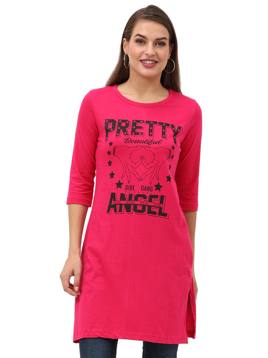 Women's Cotton Printed 3/4 Sleeve Pink Color Long Top