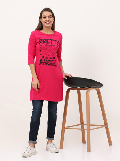 Women's Cotton Printed 3/4 Sleeve Pink Color Long Top