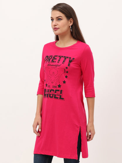 Women's Cotton Printed 3/4 Sleeve Pink Color Long Top