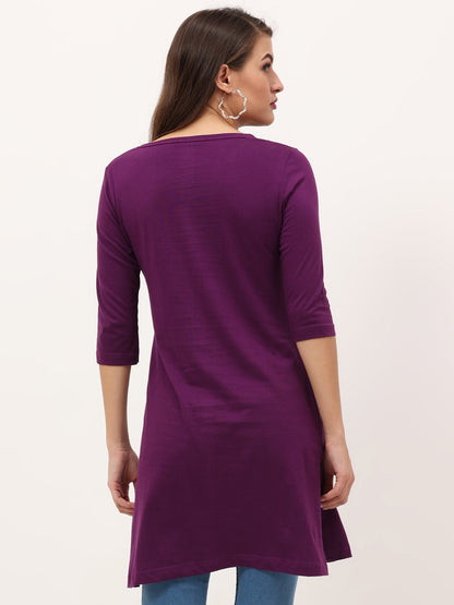 Women's Cotton Printed 3/4 Sleeve Purple Color Long Top