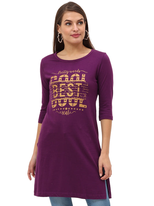 Women's Cotton Printed 3/4 Sleeve Purple Color Long Top