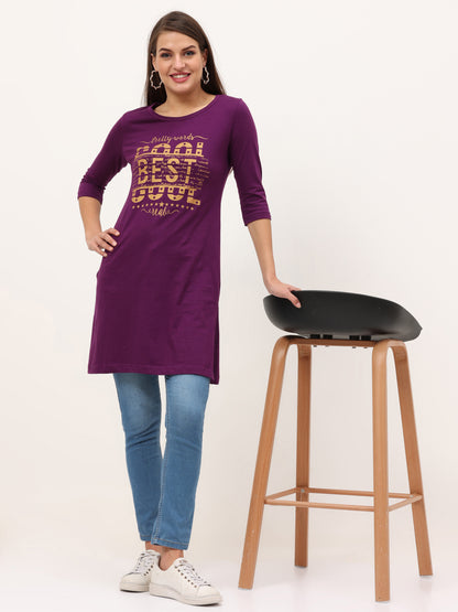 Women's Cotton Printed 3/4 Sleeve Purple Color Long Top
