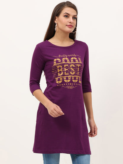 Women's Cotton Printed 3/4 Sleeve Purple Color Long Top