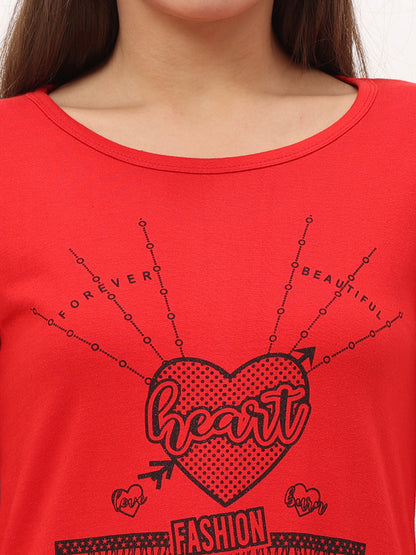 Women's Cotton Printed 3/4 Sleeve Red Color Long Top