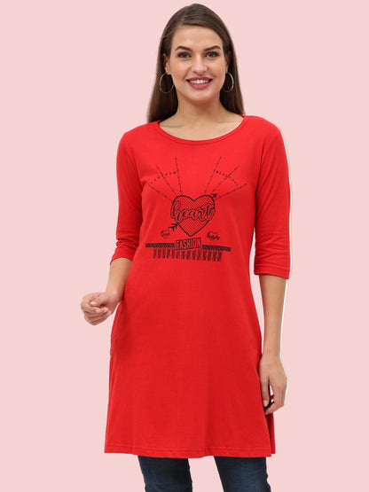 Women's Cotton Printed 3/4 Sleeve Red Color Long Top