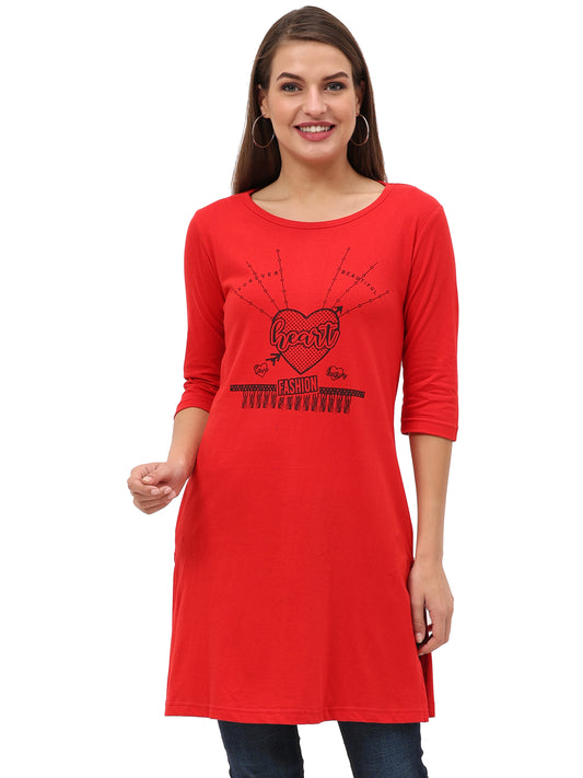 Women's Cotton Printed 3/4 Sleeve Red Color Long Top